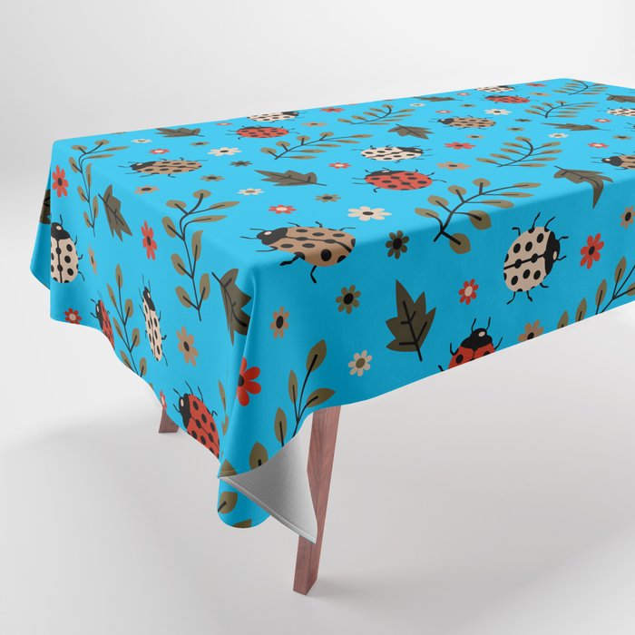 Ladybug and Floral Seamless Pattern on Turquoise Background Tablecloth