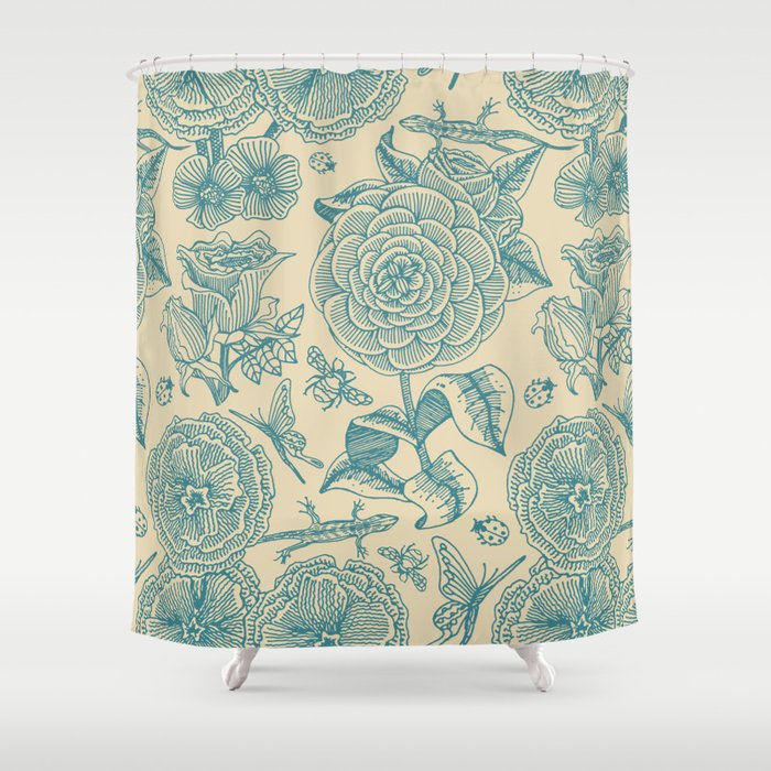 Garden Bliss In Teal Cream Shower Curtain By Perrinlefeuvre