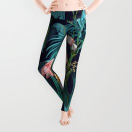 Seamless pattern with jungle trees flamingo and parrots Leggings