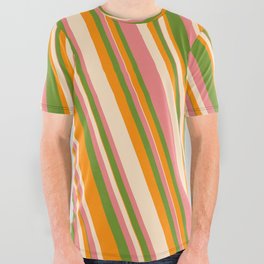 [ Thumbnail: Green, Dark Orange, Bisque, and Light Coral Colored Lines Pattern All Over Graphic Tee ]