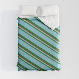 [ Thumbnail: Sky Blue, Green, and Brown Colored Lines/Stripes Pattern Duvet Cover ]