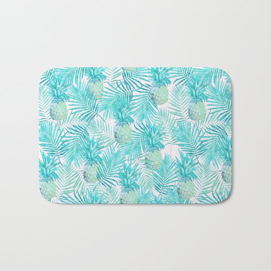Turquoise Palm Leaves and Pineapples on Pink Bath Mat