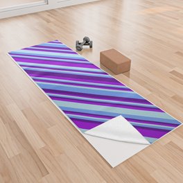 [ Thumbnail: Indigo, Dark Violet, Light Blue & Cornflower Blue Colored Lined Pattern Yoga Towel ]