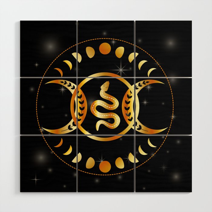 Mystic snake gold mandala with triple goddess and moon phases Wood Wall Art