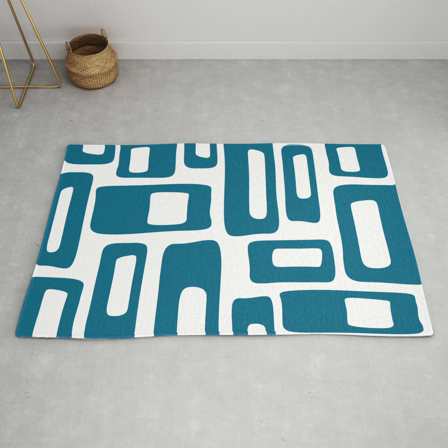 Retro Mid Century Modern Abstract Pattern 336 Peacock Blue Rug By