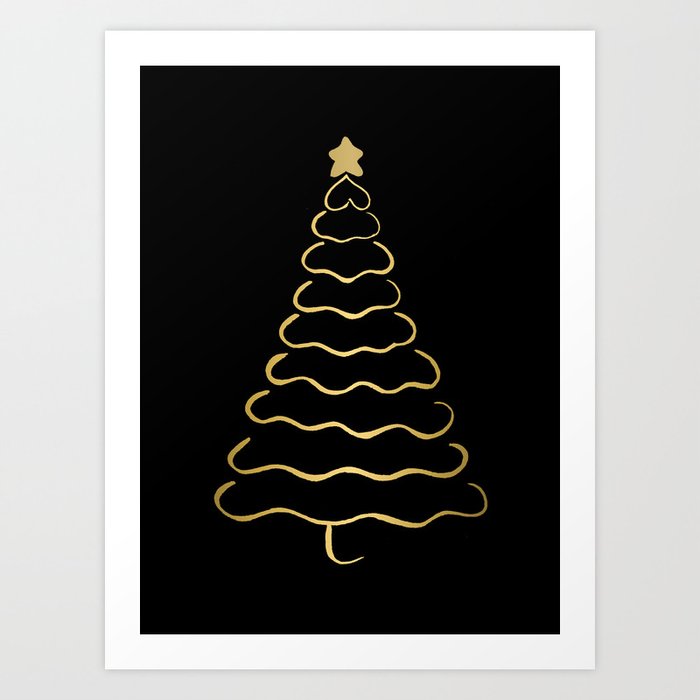 Minimalist Christmas Tree Black And Gold Art Print By Cynh