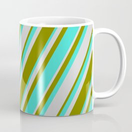 [ Thumbnail: Turquoise, Light Grey & Green Colored Lines/Stripes Pattern Coffee Mug ]