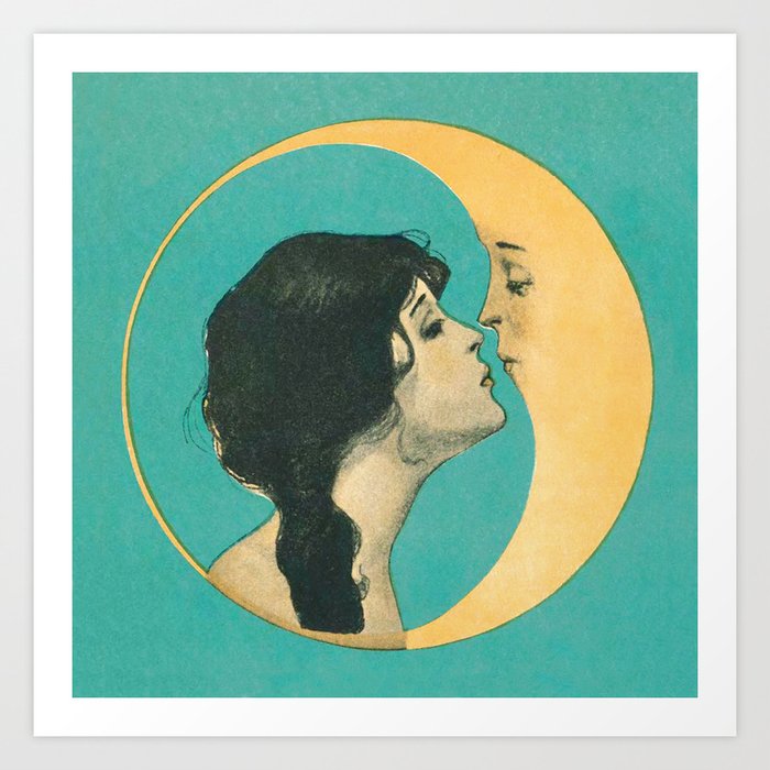 Vintage Woman Kissing the Moon Art Print