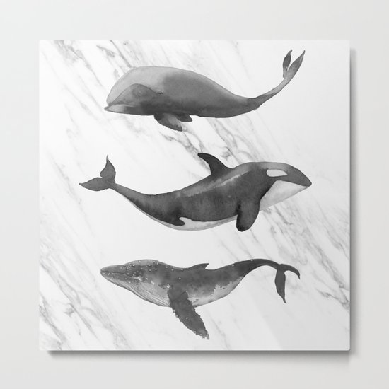 Ocean Whales Marble Black and White Metal Print