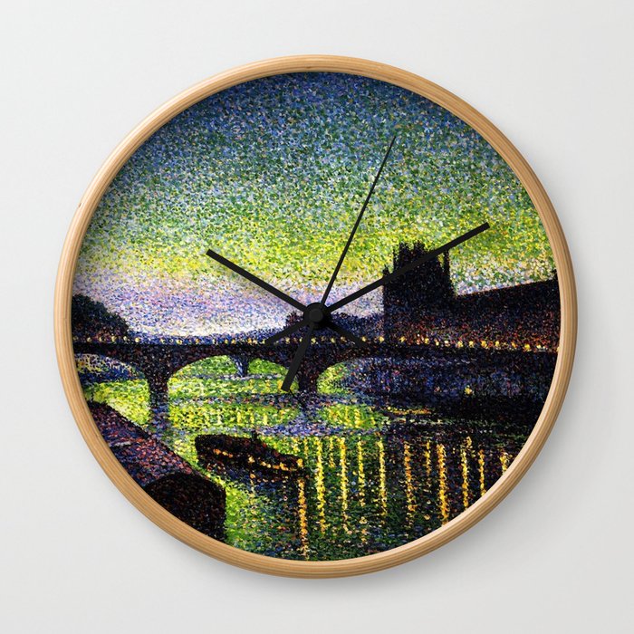 The Louvre, Pont du Carrousel, River Seine, Paris green twilight cityscape painting by Maximilien Lu Wall Clock