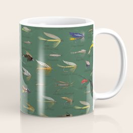 Fishing flies on forest green Coffee Mug