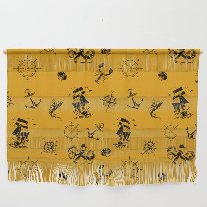 Mustard And Black Silhouettes Of Vintage Nautical Pattern Wall Hanging