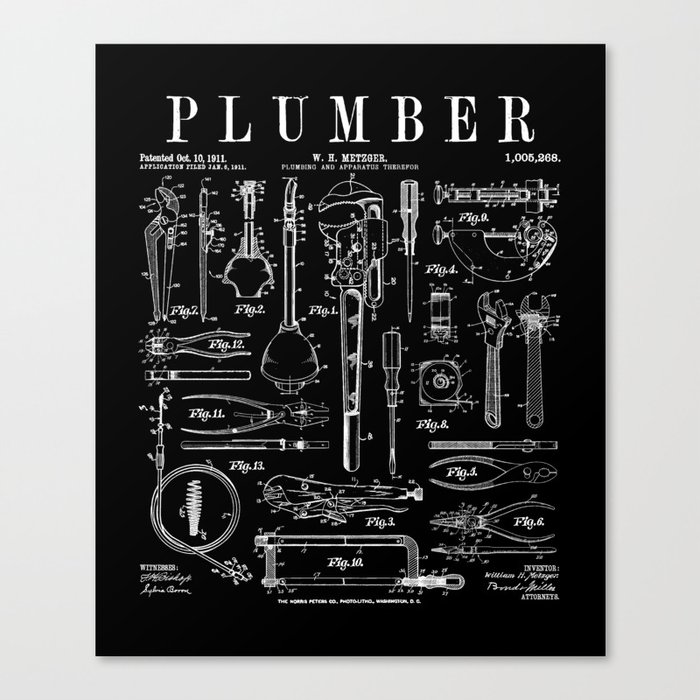 Plumber Plumbing Wrench And Tools Vintage Patent Print Canvas Print
