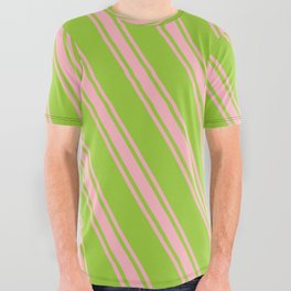 [ Thumbnail: Green & Light Pink Colored Lined/Striped Pattern All Over Graphic Tee ]