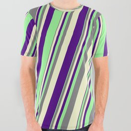 [ Thumbnail: Grey, Light Yellow, Indigo, and Green Colored Lines/Stripes Pattern All Over Graphic Tee ]