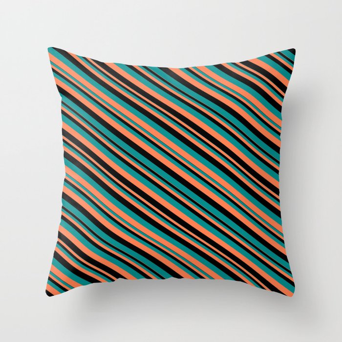 Black, Dark Cyan & Coral Colored Striped Pattern Throw Pillow