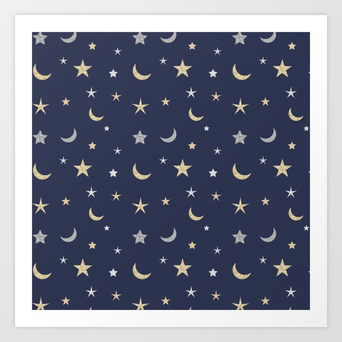 Gold And Silver Moon And Star Pattern On Navy Blue Background Art