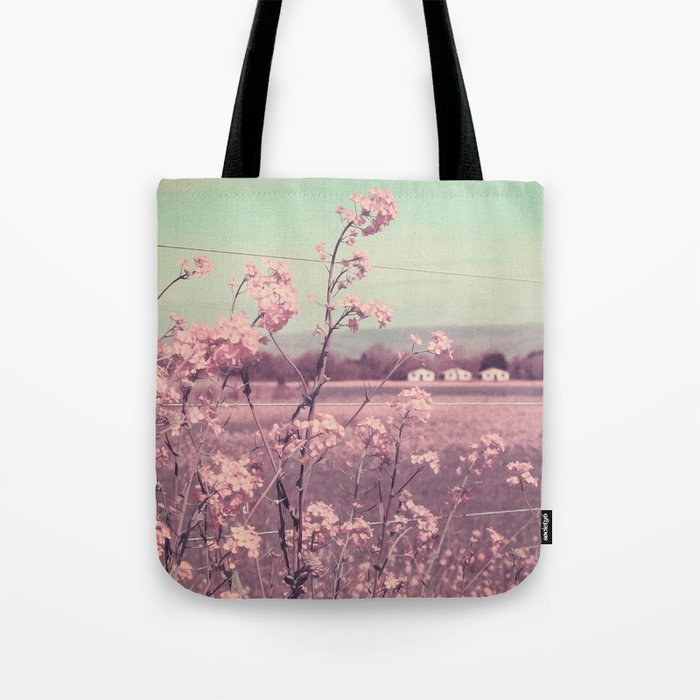 Sweet Spring (Teal Sky, Soft Pink Wildflowers, Rural Cottage) Tote Bag