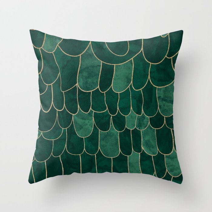 Stratosphere Emerald // Abstract Green Flowing Gradient Gold Foil Cloud Lining Water Color Decor Throw Pillow