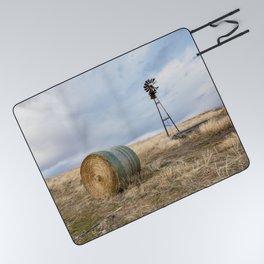 Prairie Life - Old Windmill and Round Hay Bale on Autumn Day in Oklahoma Picnic Blanket