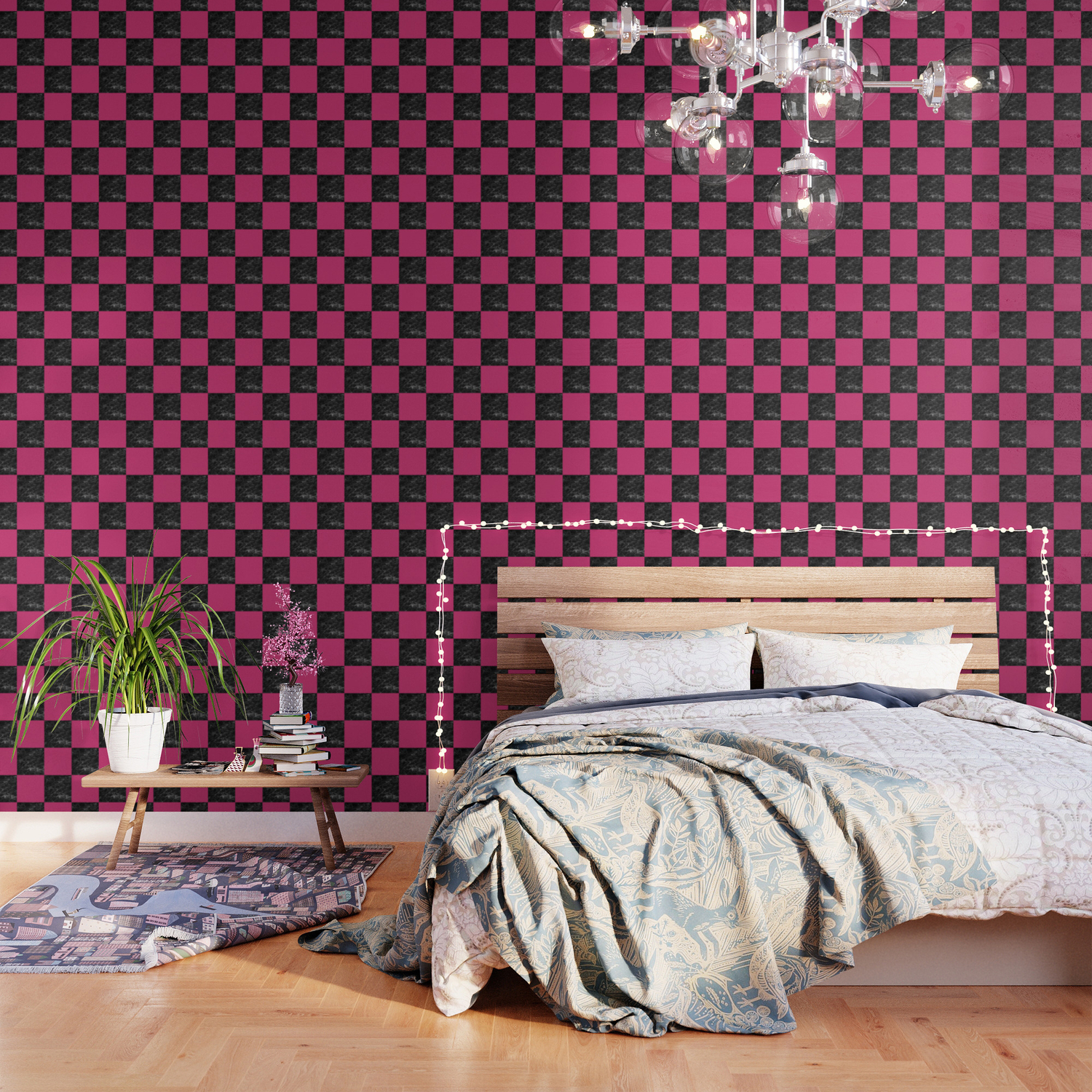 Elegant Black Marble Hot Pink Checkered Wallpaper By Naughtycat