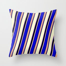 [ Thumbnail: Light Yellow, Dark Salmon, Blue, and Black Colored Striped/Lined Pattern Throw Pillow ]