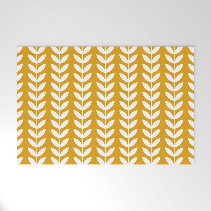 Mustard and White Scandinavian leaves pattern Welcome Mat