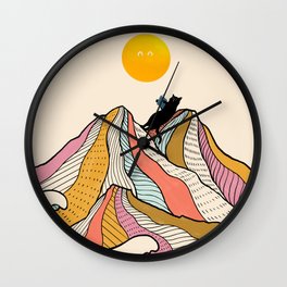 Good Morning Meow 3 - Reading Rainbow Wall Clock | Sun, Painting, Line Pattern, Cat, Relax, Goodmorning, Cat Lover, Rainbow, Fall, Mountain 