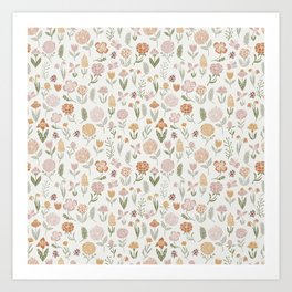 Botanical Woodcut - floral daisies, ditsy woodcut, boho, fall, autumn, flowers Art Print