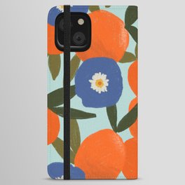 Clementine Orange Blue Flowers Pattern Leaves iPhone Wallet Case