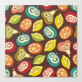 JUICY FRUITS FRESH RIPE FRUIT in RETRO MULTI-COLORS ON BROWN Canvas Print