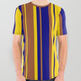 [ Thumbnail: Yellow, Sienna & Blue Colored Striped Pattern All Over Graphic Tee ]