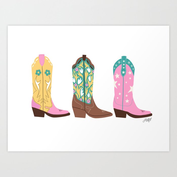 Cowboy Boots Illustration (Turquoise/Pink/Yellow Palette) Art Print