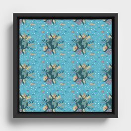 Repeating seamless pattern with Planet Earth and fish.  Framed Canvas
