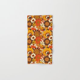 Retro 70s Flower Power, Floral, Orange Brown Yellow Psychedelic Pattern Hand & Bath Towel