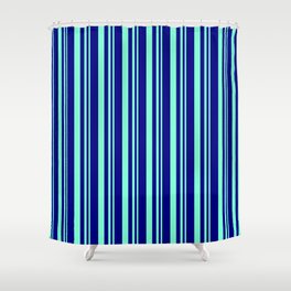 [ Thumbnail: Blue & Aquamarine Colored Lines/Stripes Pattern Shower Curtain ]