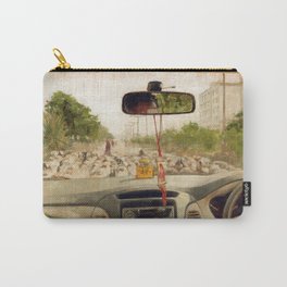 Driving in Car on Road Blocked by Flock of Sheep Urban Cityscape in India Travel Carry-All Pouch | Figurative, Green, Transport, Car, Travelling, Landscape, Drive, Urbanscape, Painting, Cityscape 