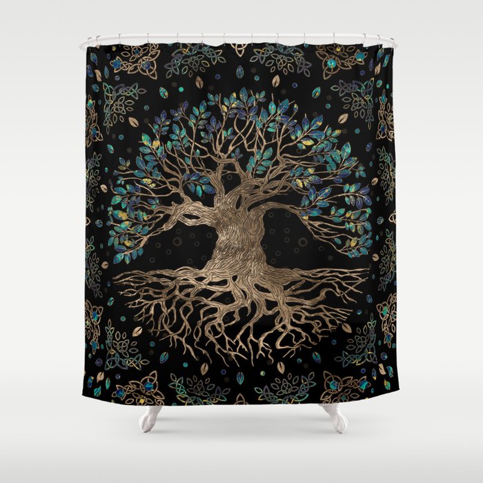 Tree of life -Yggdrasil Golden and Marble ornament Shower Curtain