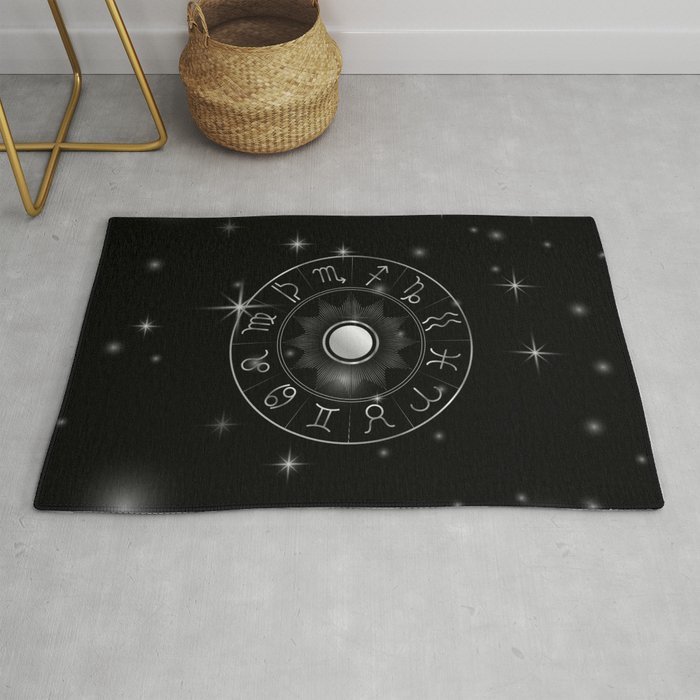 Zodiac astrology circle Silver astrological signs with moon sun and stars Rug