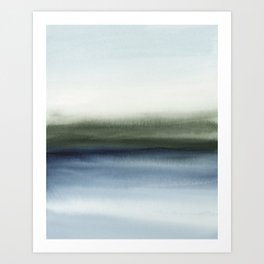 Forest Reflection III - Olive Green Forest Trees Navy Blue River Reflection Art Watercolor Art Print