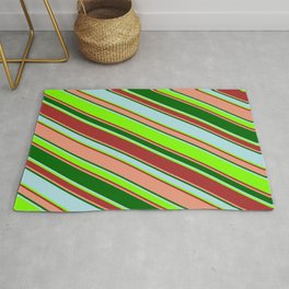 [ Thumbnail: Vibrant Powder Blue, Chartreuse, Brown, Dark Salmon & Dark Green Colored Lined/Striped Pattern Rug ]