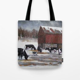 Holstein Dairy Cows in Snowy Barnyard; Winter Farm Scene No. 2 Tote Bag