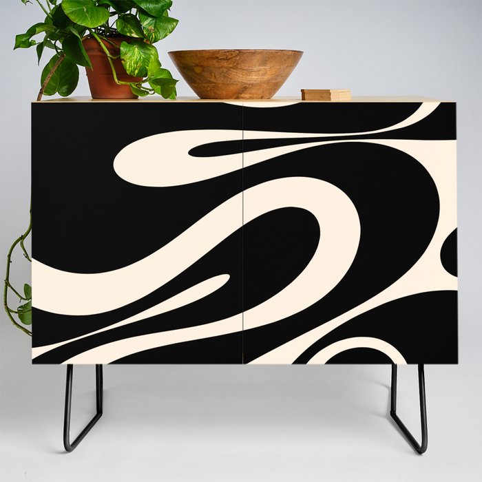 Mellow Flow Retro 60s 70s Abstract Pattern in Black and Almond Cream Credenza