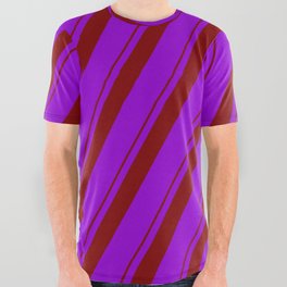 [ Thumbnail: Maroon and Dark Violet Colored Lines/Stripes Pattern All Over Graphic Tee ]