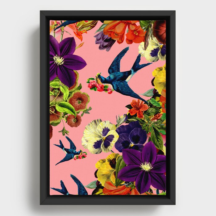 Vintage Swallow Floral Pink Framed Canvas