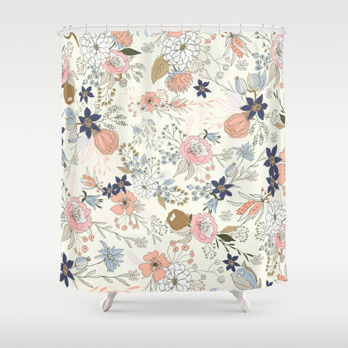 Ivory pink coral navy blue gold retro flowers Shower Curtain by