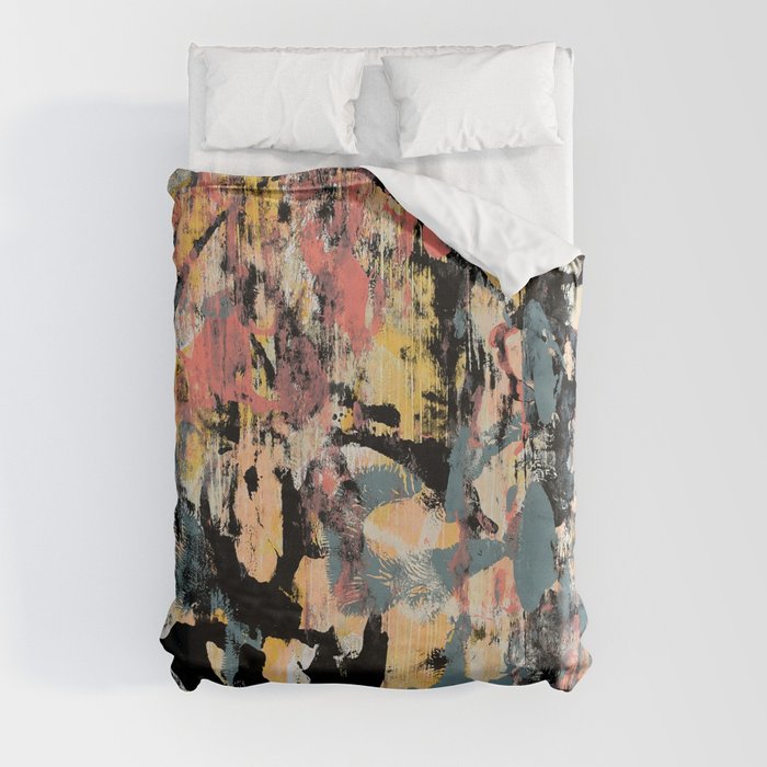 001: a vibrant abstract design in black yellow and pink by Alyssa Hamilton Art  Duvet Cover