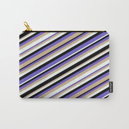 [ Thumbnail: Black, Slate Blue, Tan, and Mint Cream Colored Stripes Pattern Carry-All Pouch ]