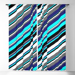 [ Thumbnail: Aqua, Black, White, Dim Gray & Midnight Blue Colored Stripes/Lines Pattern Blackout Curtain ]