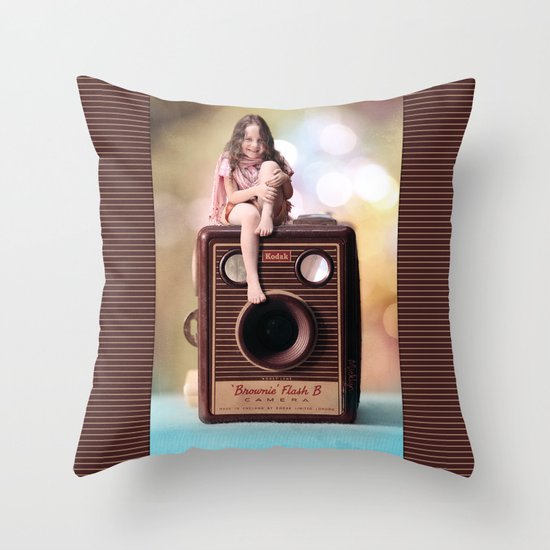 Smile for the Camera - vintage Kodak Brownie camera with miniature girl. Throw Pillow